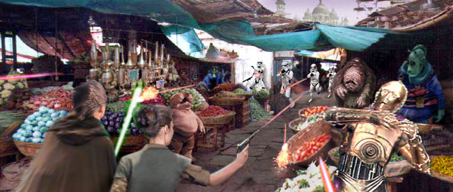 Artwork by Scott : Street market battle on the Hutt World, Nal Hutta.